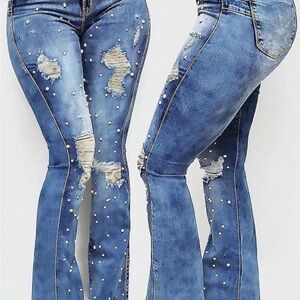 SHEIN Blue Flare Jeans with Distressed Details